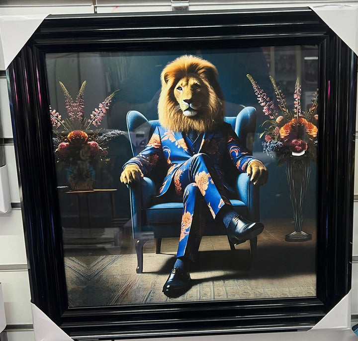 Lion Blue/Lioness Pink Floral Suit Quirky Wall Art Black Framed Animal picture