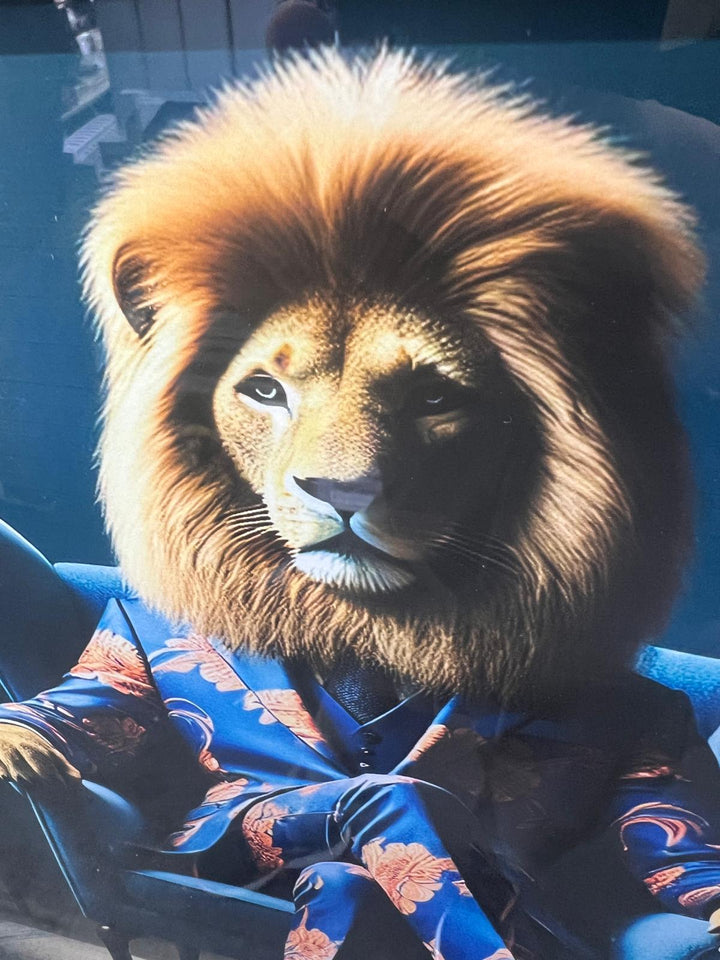 Lion Blue/Lioness Pink Floral Suit Quirky Wall Art Black Framed Animal picture