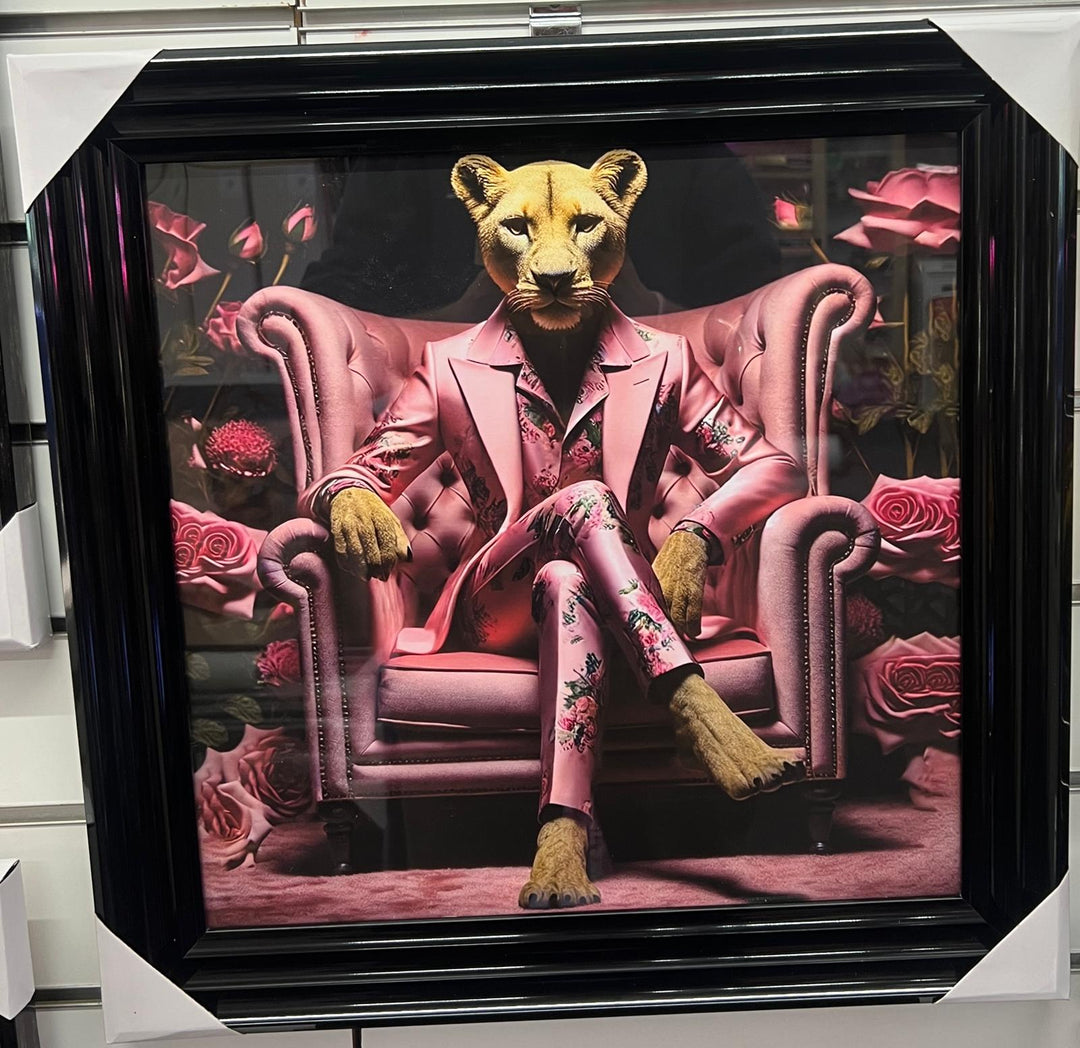 Lion Blue/Lioness Pink Floral Suit Quirky Wall Art Black Framed Animal picture
