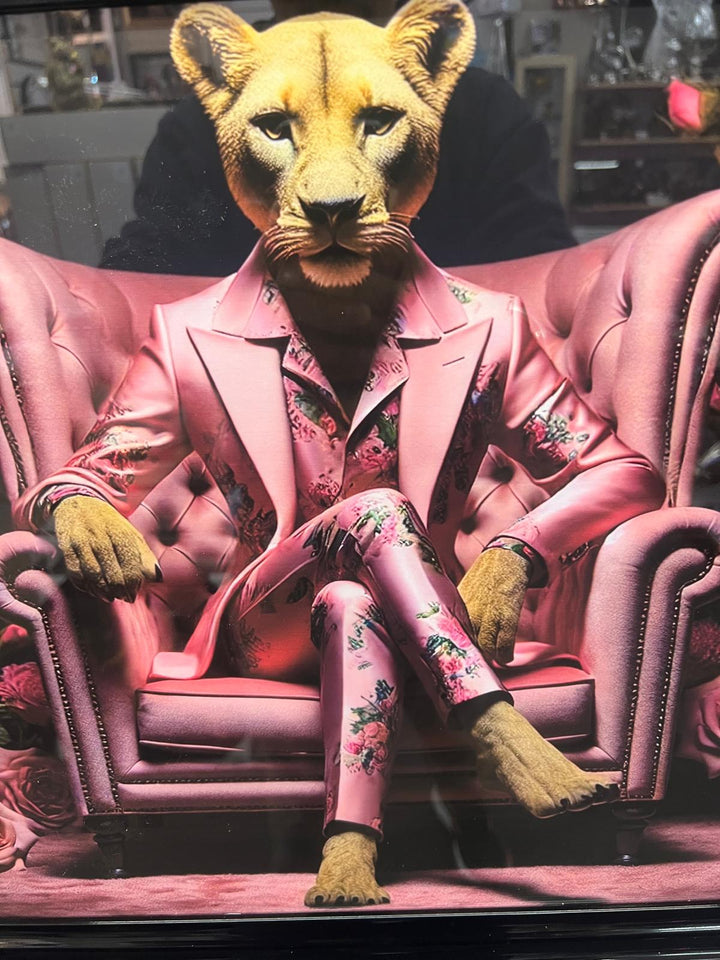 Lion Blue/Lioness Pink Floral Suit Quirky Wall Art Black Framed Animal picture