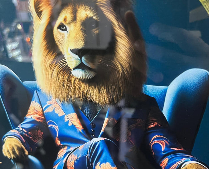 Lion Blue/Lioness Pink Floral Suit Quirky Wall Art Black Framed Animal picture