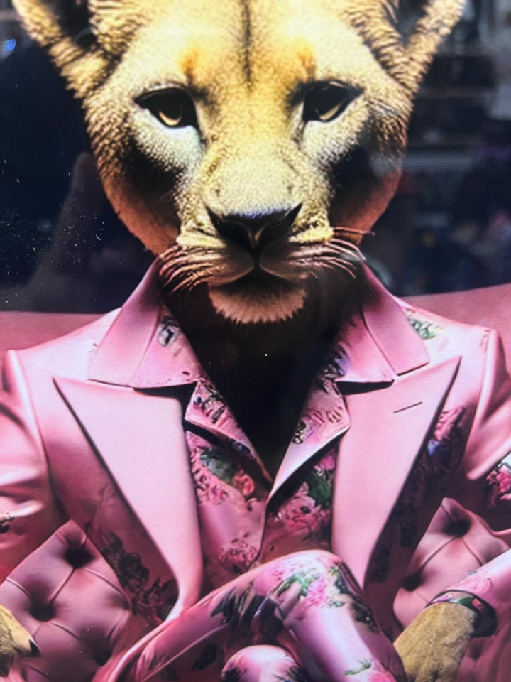 Lion Blue/Lioness Pink Floral Suit Quirky Wall Art Black Framed Animal picture