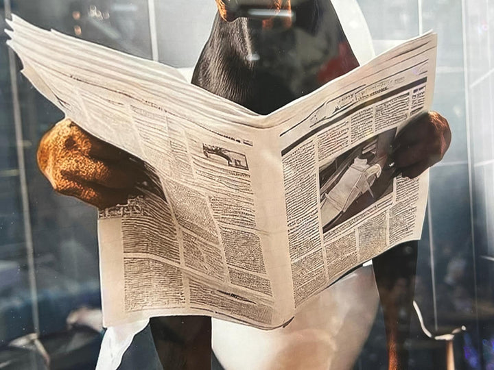 Black Framed Dobermann dog picture Newspaper on the toilet quirky wall art decor