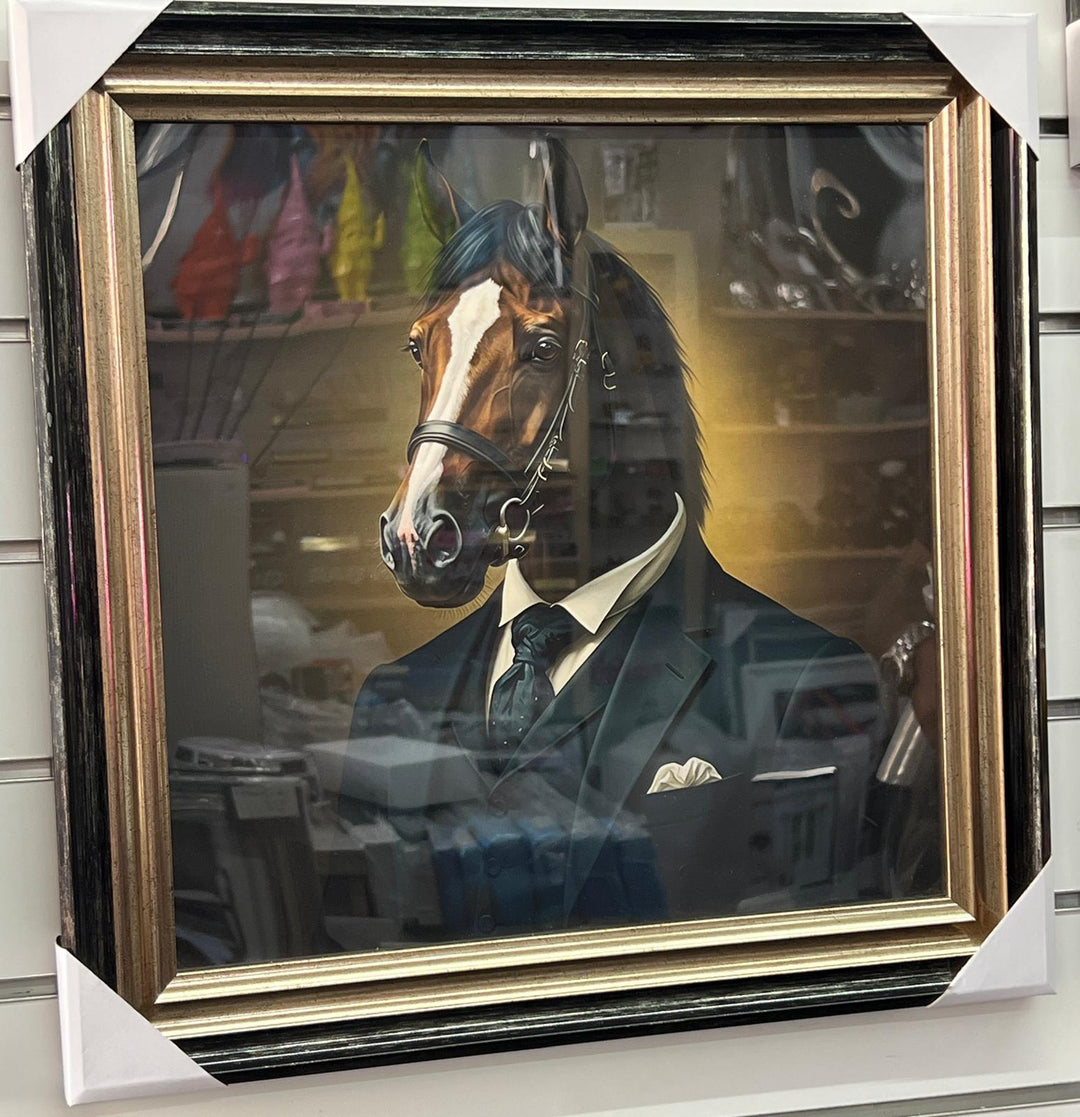 Gentleman Steed Horse in a Suit Wall Art with Black & Gold Frame