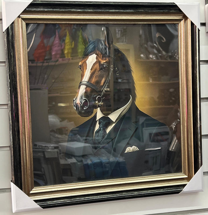 Gentleman Steed Horse in a Suit Wall Art with Black & Gold Frame