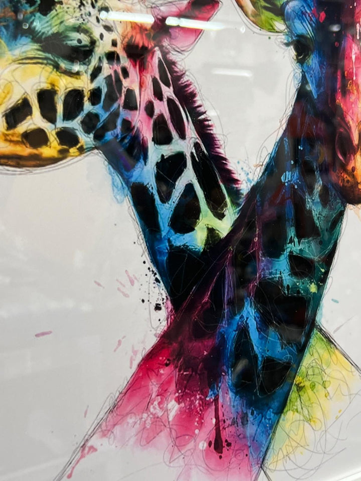 White framed intertwined Giraffes picture multi coloured wall art