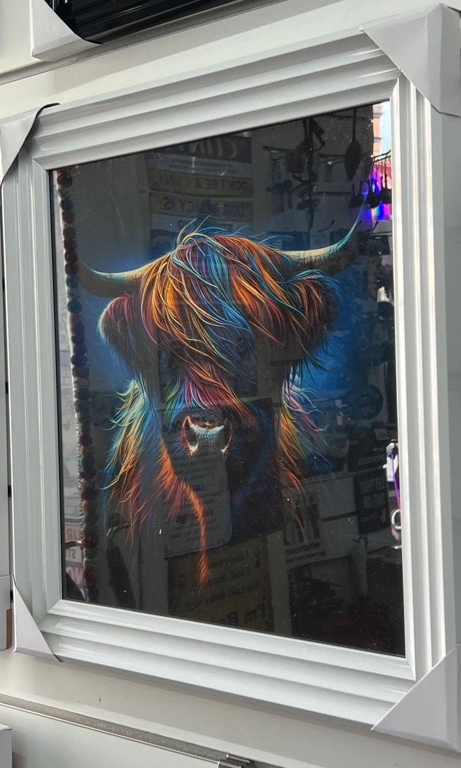 Highland cow bubble/multi colour quirky picture white frame animal wall art