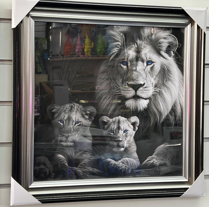 Lion with 2 cubs black & silver framed step majestic animal home decor