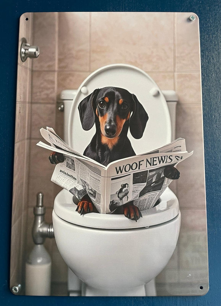 Quirky Dogs on the Toilet Reading Newspaper  Tin Sign bathroom break decor