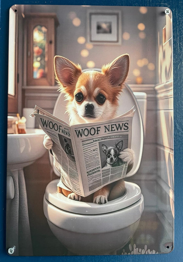 Quirky Dogs on the Toilet Reading Newspaper  Tin Sign bathroom break decor