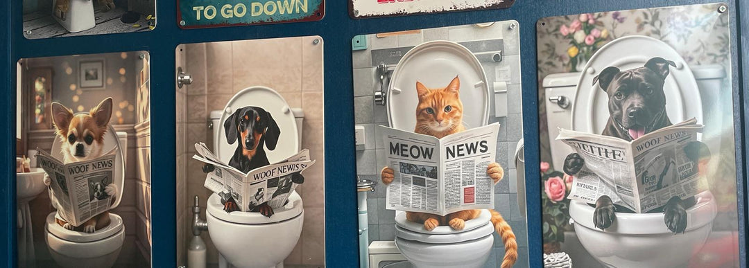 Quirky Dogs on the Toilet Reading Newspaper  Tin Sign bathroom break decor