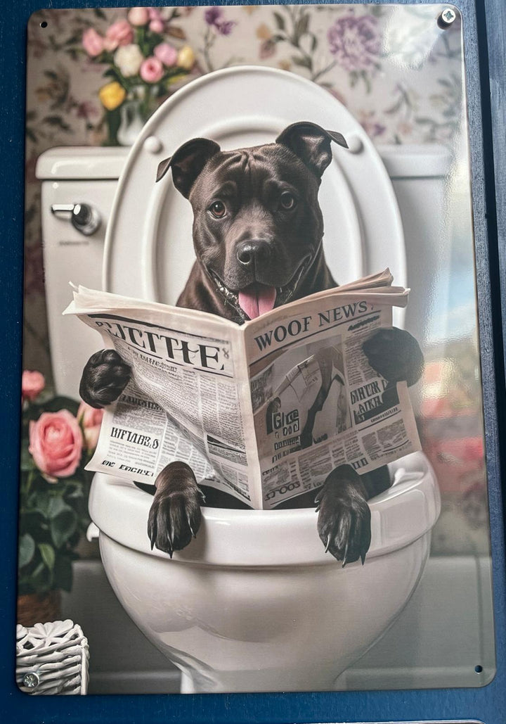 Quirky Dogs on the Toilet Reading Newspaper  Tin Sign bathroom break decor