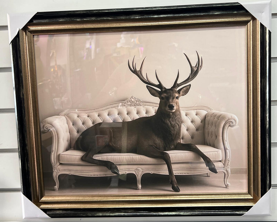 Animals Lounging on Vintage Couch Quirky Animal Wall Art Black and Gold Framed