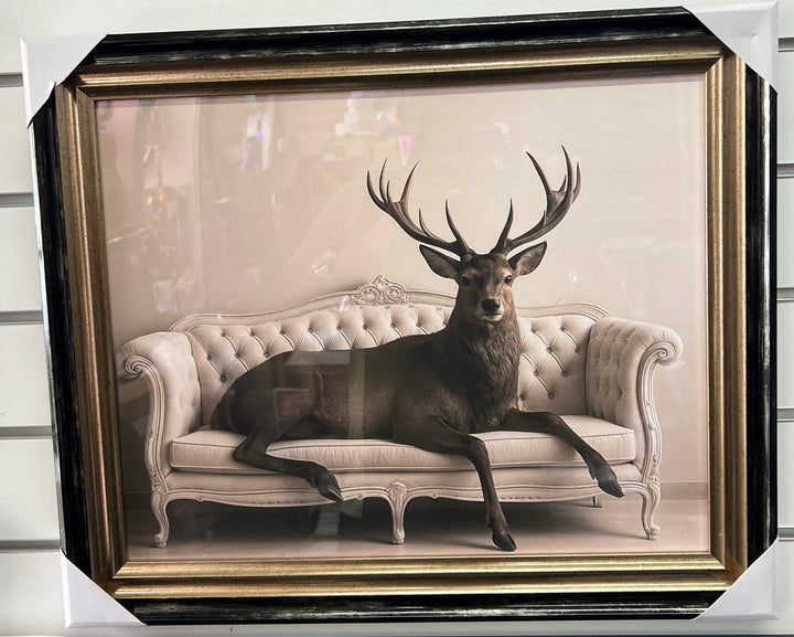 Animals Lounging on Vintage Couch Quirky Animal Wall Art Black and Gold Framed