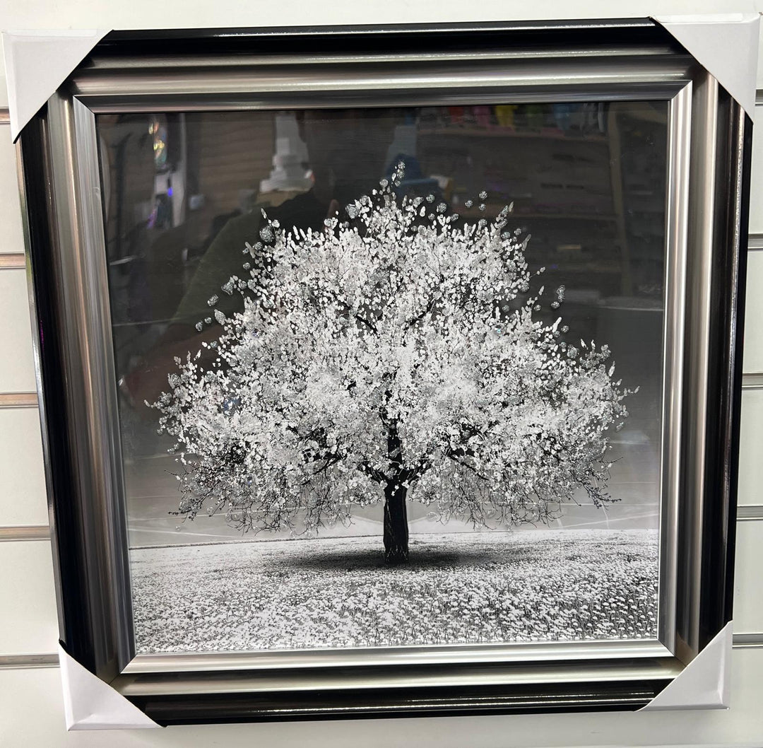 White tree wall art picture with liquid art, crystals, silver and Black & Silver frame