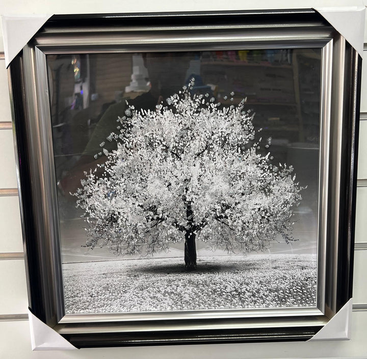White tree wall art picture with liquid art, crystals, silver and Black & Silver frame