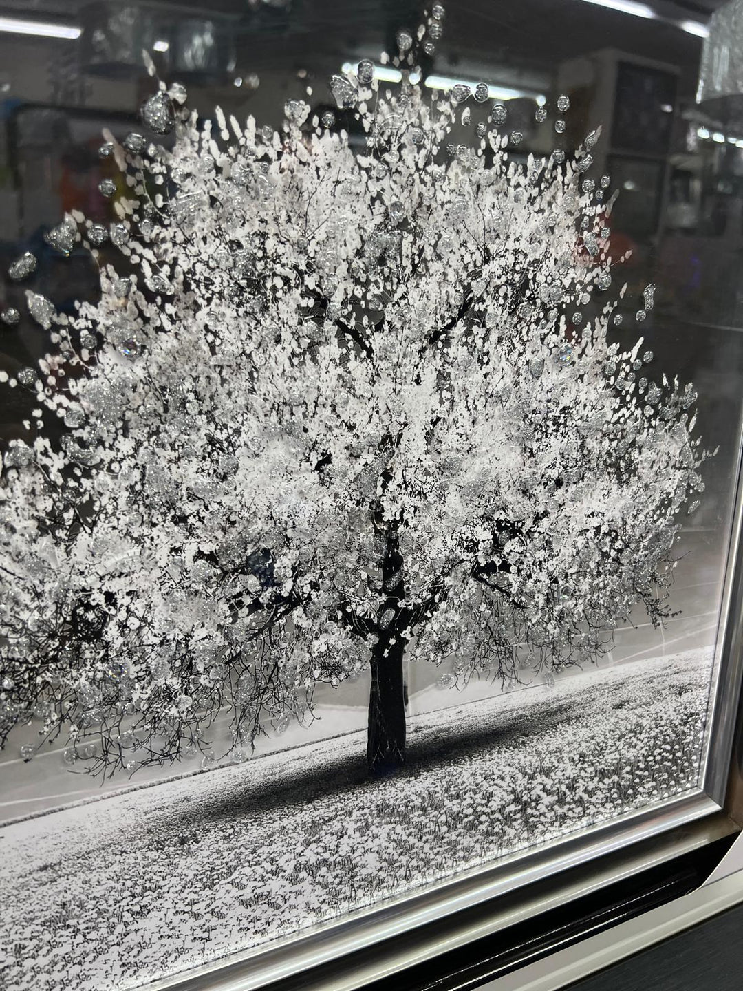 White tree wall art picture with liquid art, crystals, silver and Black & Silver frame