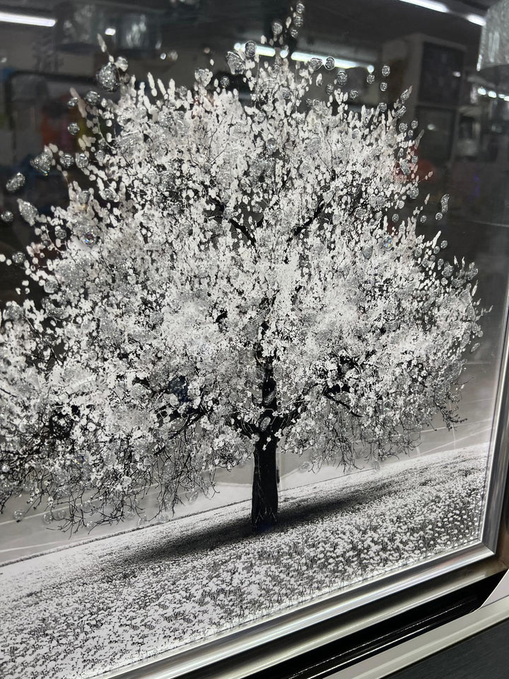 White tree wall art picture with liquid art, crystals, silver and Black & Silver frame