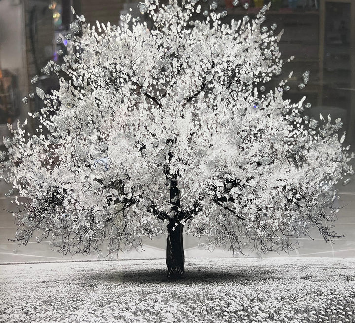 White tree wall art picture with liquid art, crystals, silver and Black & Silver frame