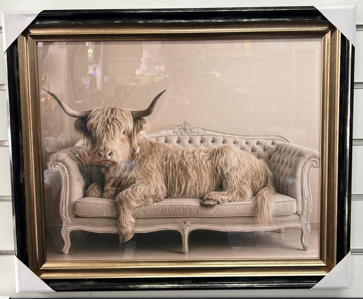 Animals Lounging on Vintage Couch Quirky Animal Wall Art Black and Gold Framed