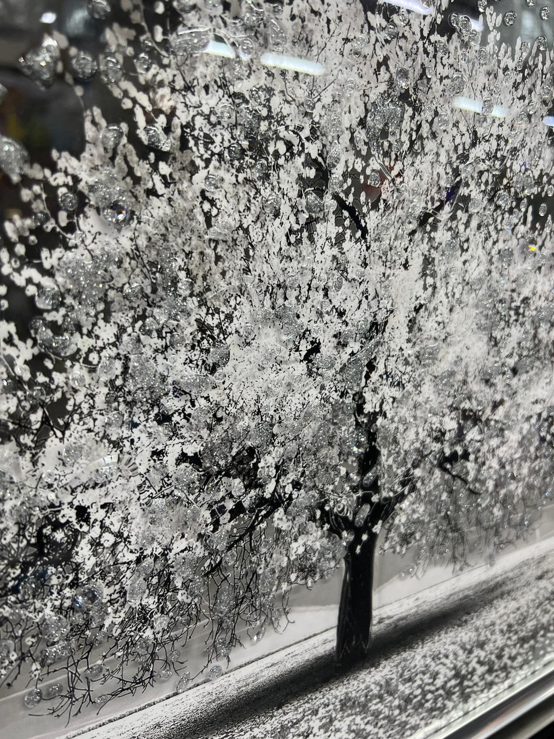 White tree wall art picture with liquid art, crystals, silver and Black & Silver frame