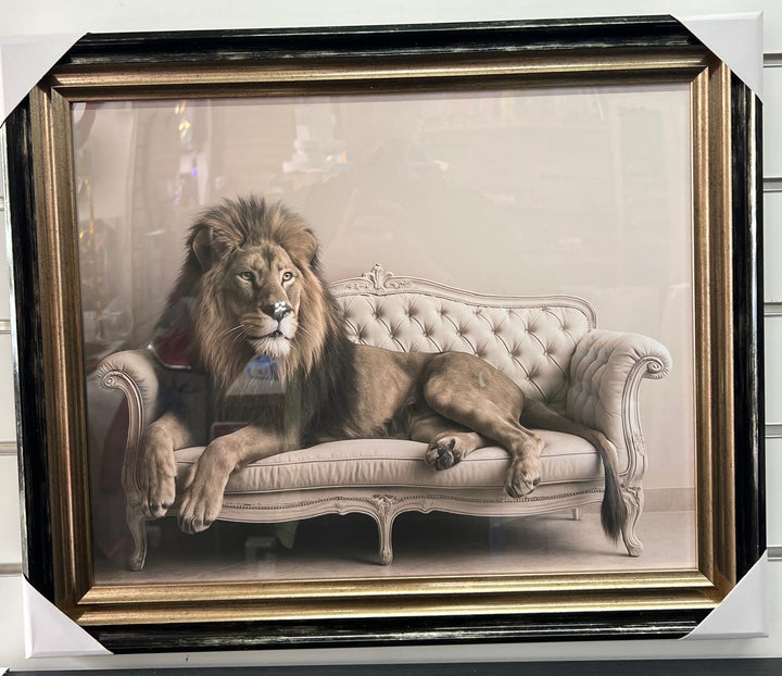 Animals Lounging on Vintage Couch Quirky Animal Wall Art Black and Gold Framed