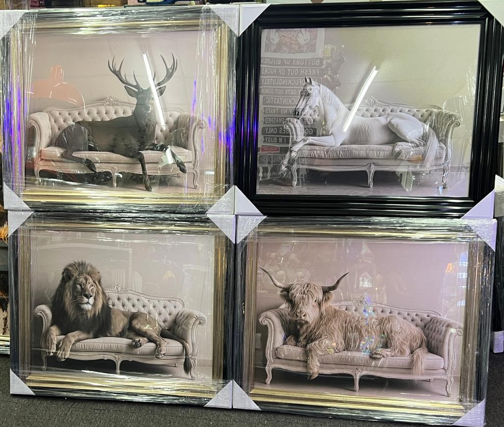 Animals Lounging on Vintage Couch Quirky Animal Wall Art Black and Gold Framed