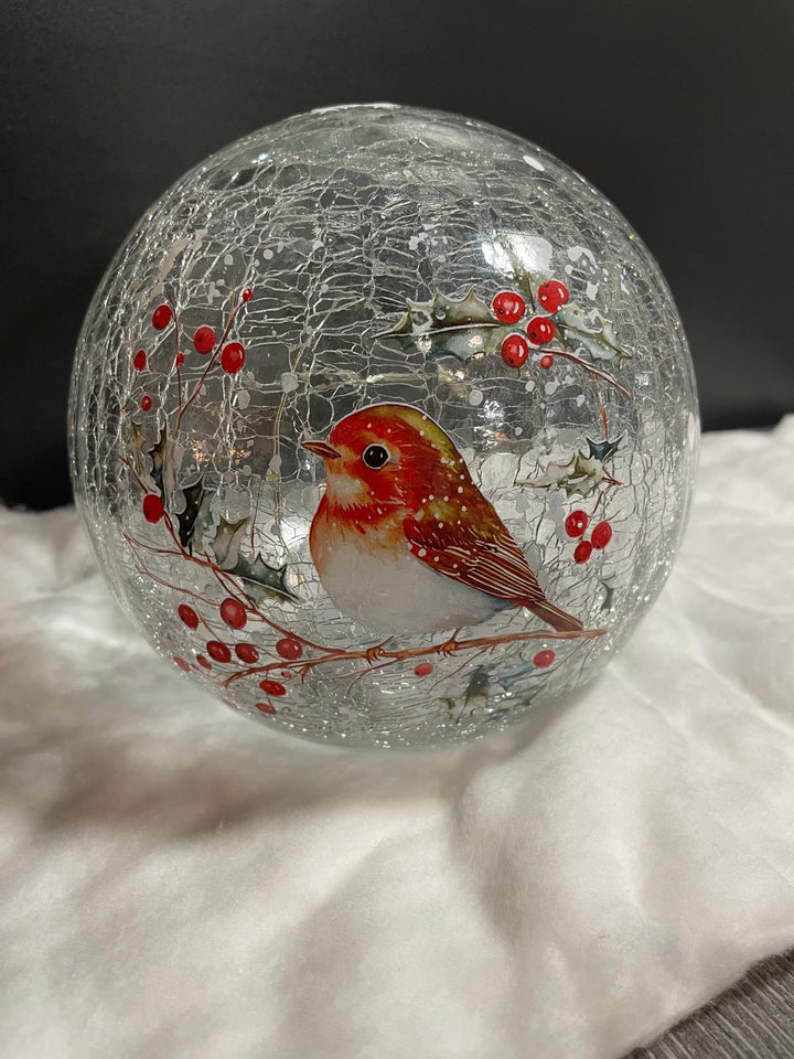 15cm LED Lit Robin crackle glowing Ball Festive Christmas Delight