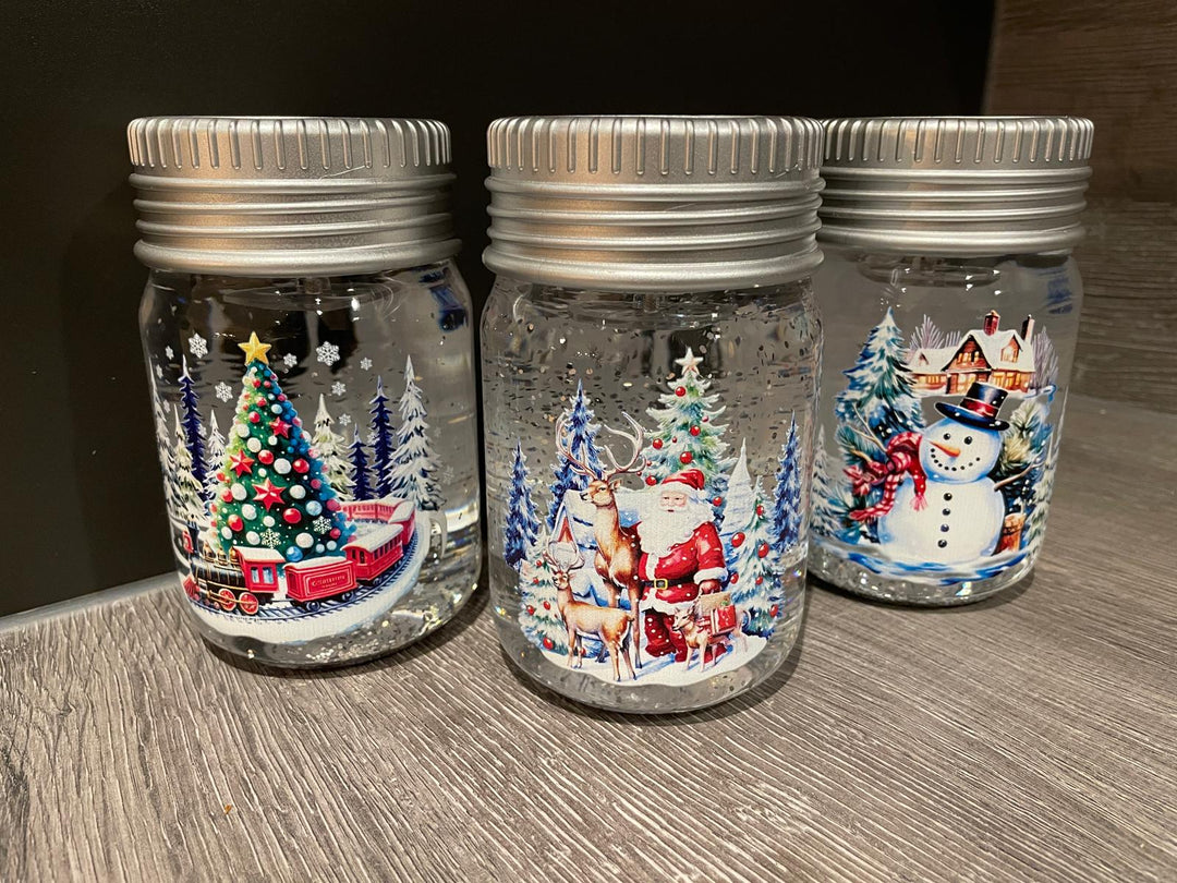14cm LED Lit Christmas Spinner Jars Festive Decorations Santa, Snowman, train