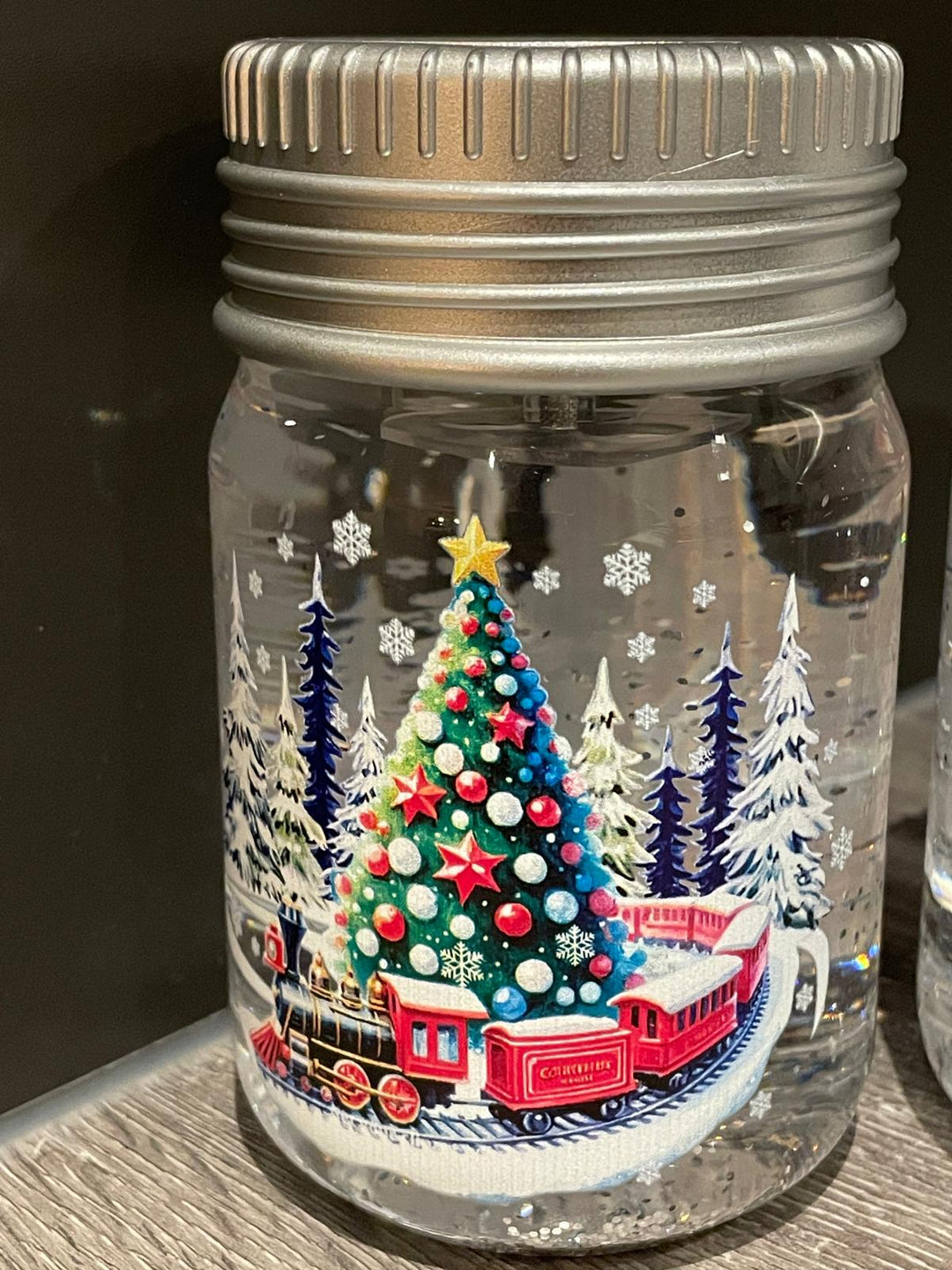 14cm LED Lit Christmas Spinner Jars Festive Decorations Santa, Snowman, train
