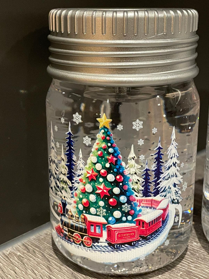 14cm LED Lit Christmas Spinner Jars Festive Decorations Santa, Snowman, train