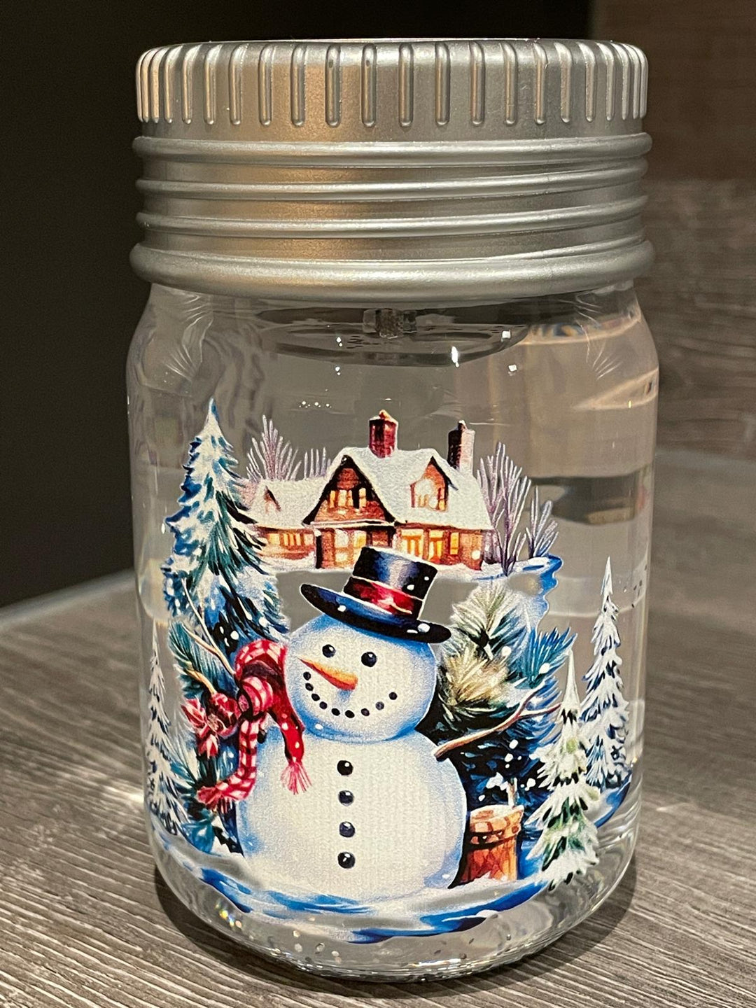 14cm LED Lit Christmas Spinner Jars Festive Decorations Santa, Snowman, train