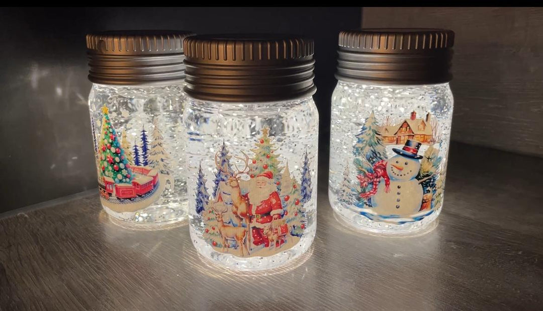 14cm LED Lit Christmas Spinner Jars Festive Decorations Santa, Snowman, train
