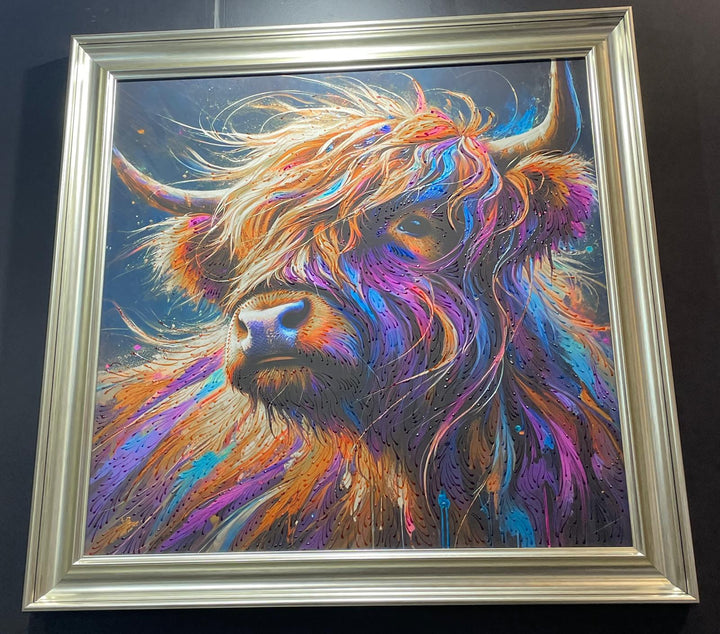 Vibrant Highland Cow face Wall Art with Champagne Frame & liquid art picture
