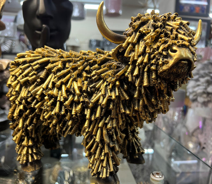 Bold Highland Cow gold rustic cattle ornament