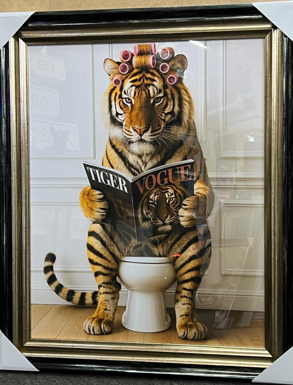 Jungle Animals on Toilet Quirky Wall Art Funny Prints with Black & Gold frame
