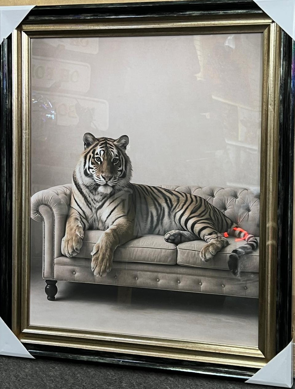 Animals Lounging on Vintage Couch Quirky Animal Wall Art Black and Gold Framed
