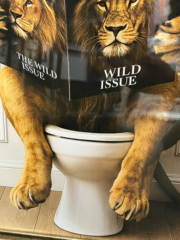 Jungle Animals on Toilet Quirky Wall Art Funny Prints with Black & Gold frame