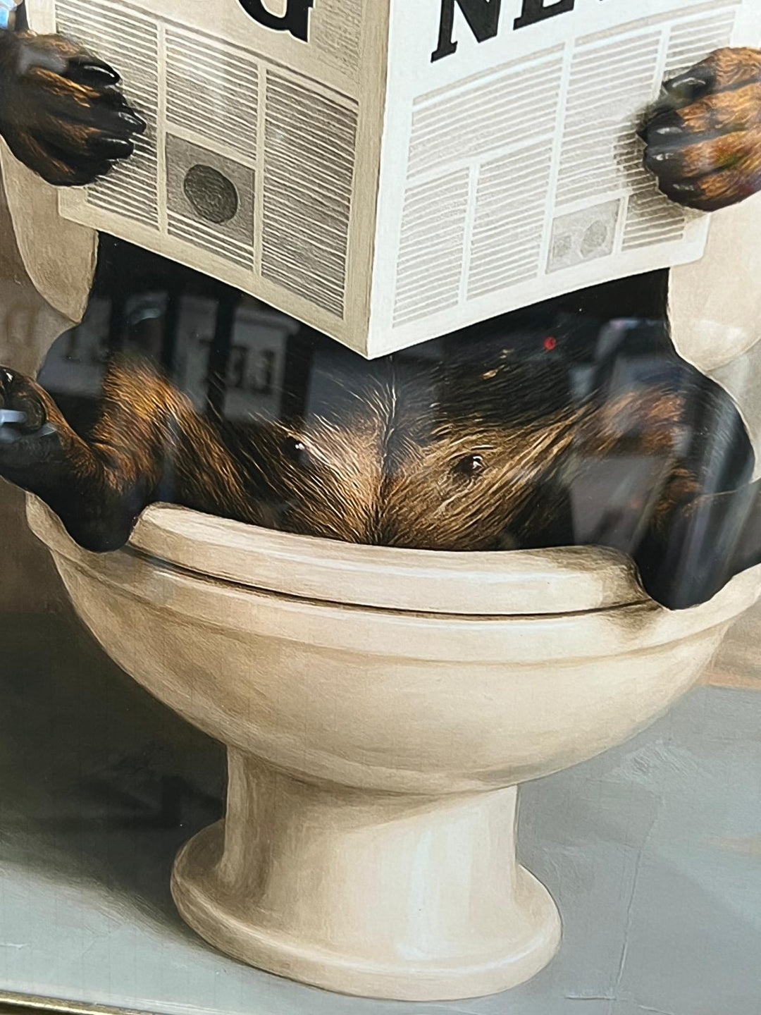 Quirky Dachshund Dog Wall Art on Toilet Reading Newspaper, Black & Gold frame
