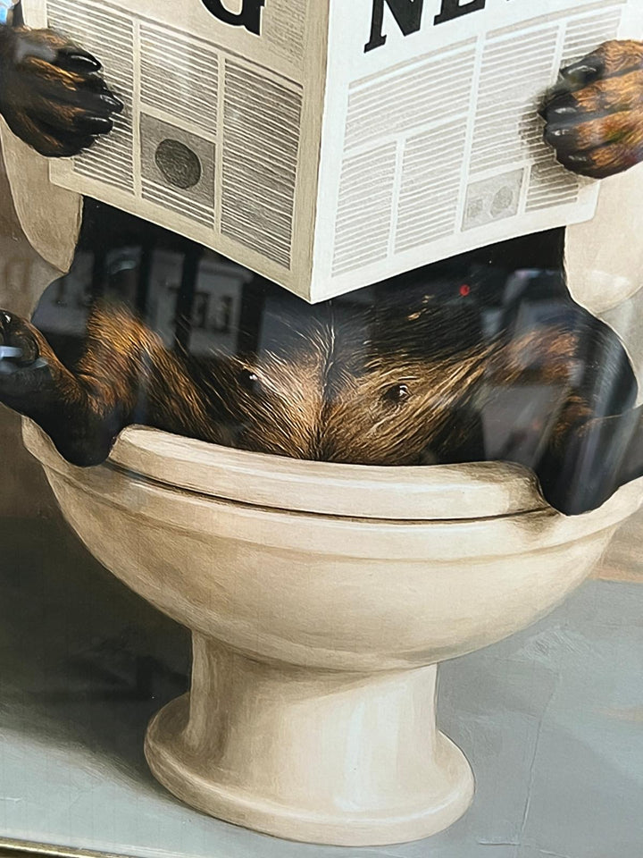 Quirky Dachshund Dog Wall Art on Toilet Reading Newspaper, Black & Gold frame