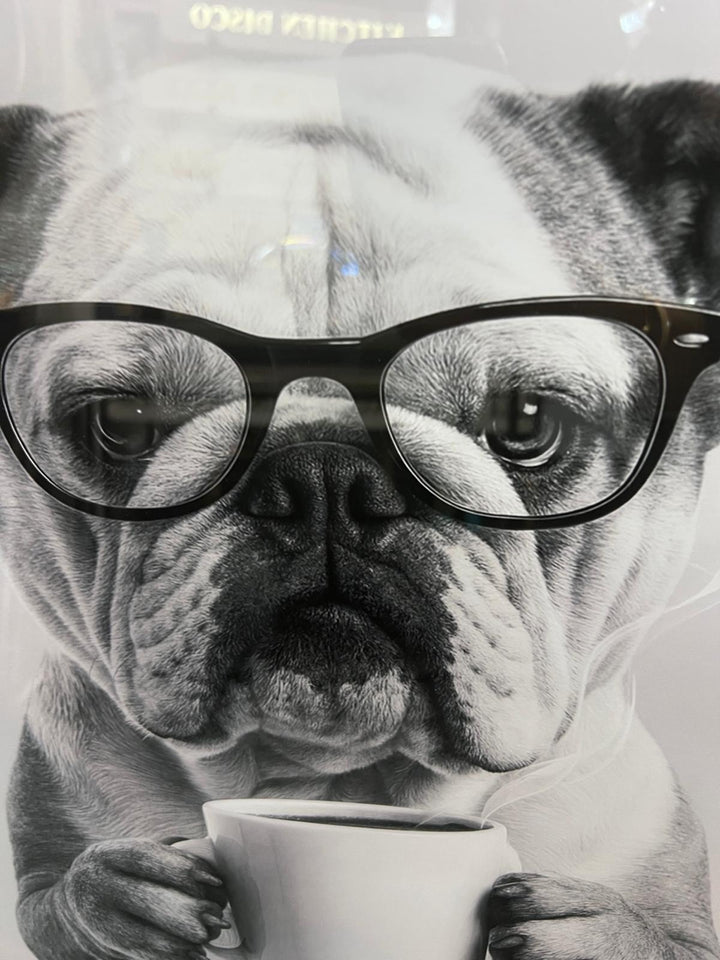 Dogs Drinking Coffee Wall Art Print Quirky Black & White Picture Black Frame