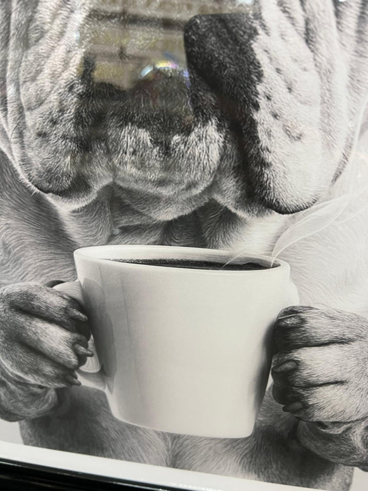Dogs Drinking Coffee Wall Art Print Quirky Black & White Picture Black Frame