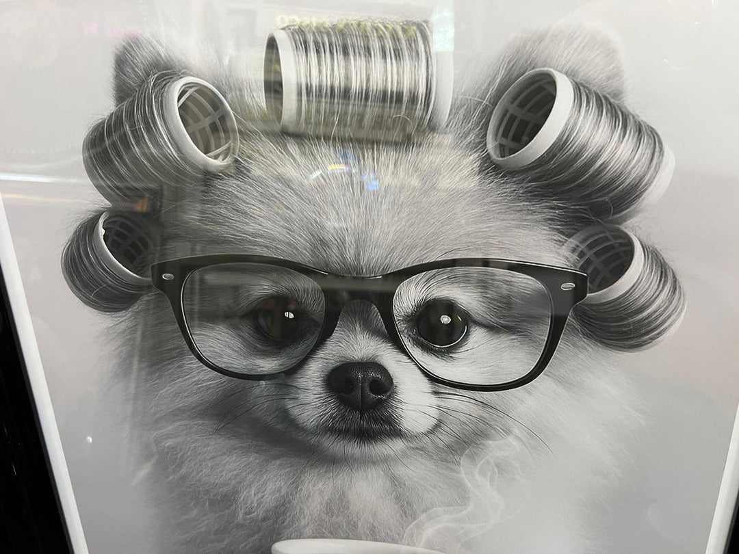 Dogs Drinking Coffee Wall Art Print Quirky Black & White Picture Black Frame