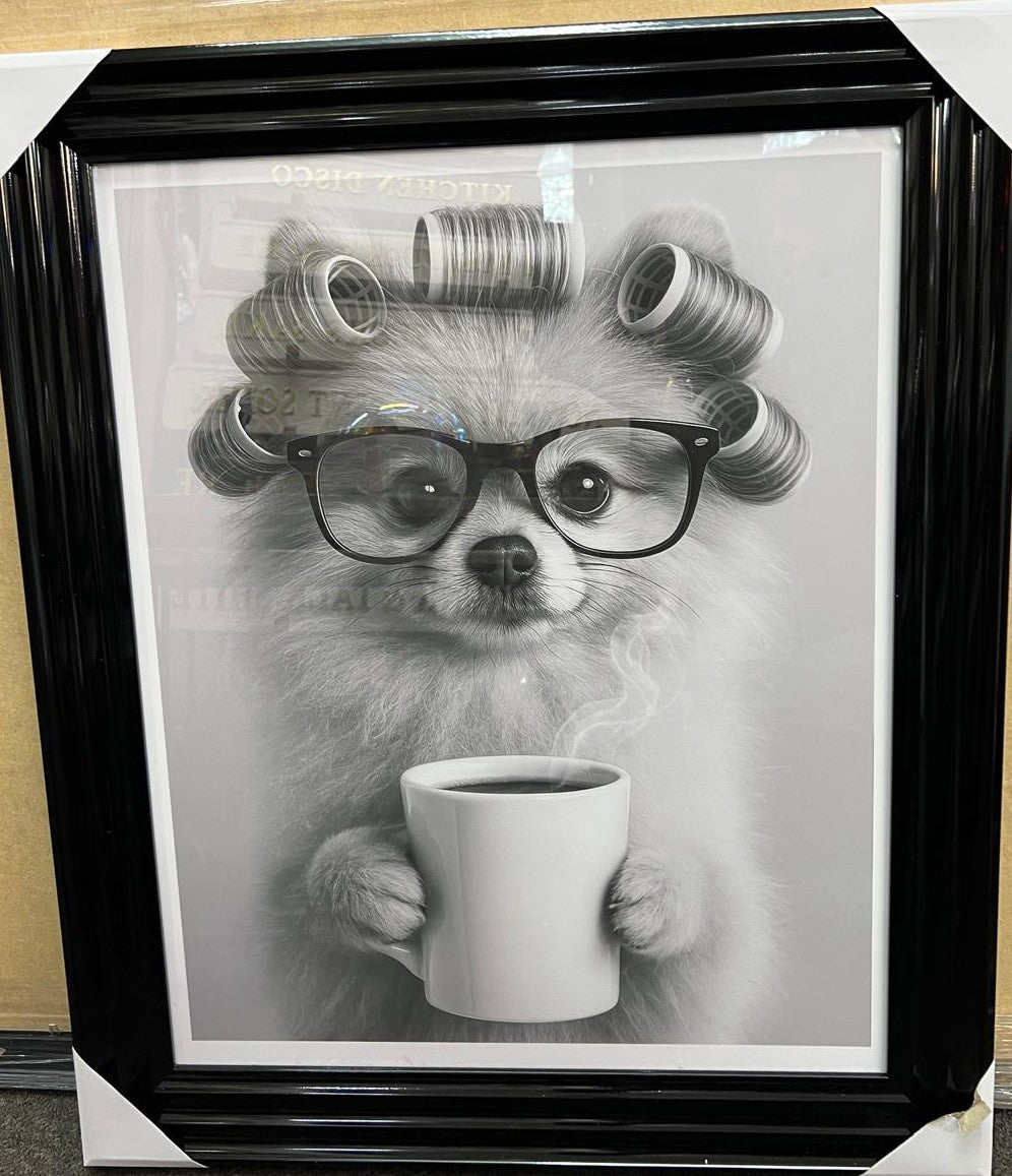 Dogs Drinking Coffee Wall Art Print Quirky Black & White Picture Black Frame
