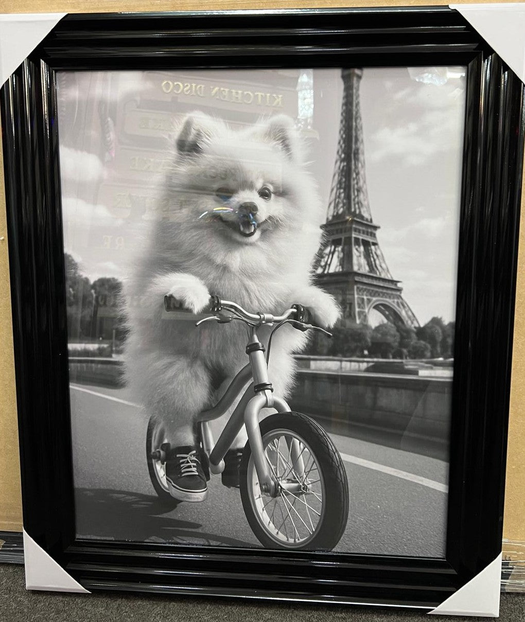 Black & White Adorable Dogs on Bicycles Black Framed Quirky Home Decor Picture