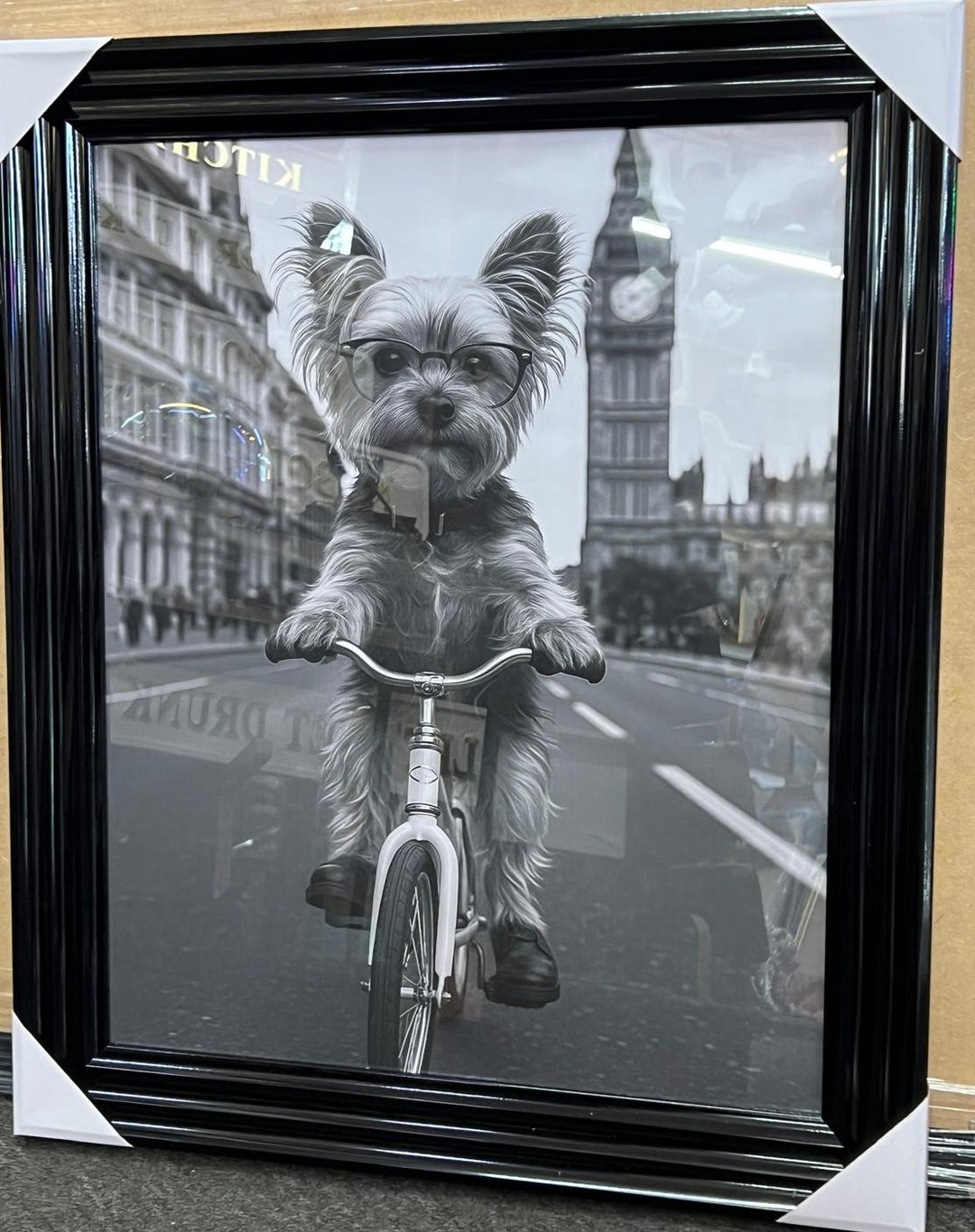 Black & White Adorable Dogs on Bicycles Black Framed Quirky Home Decor Picture