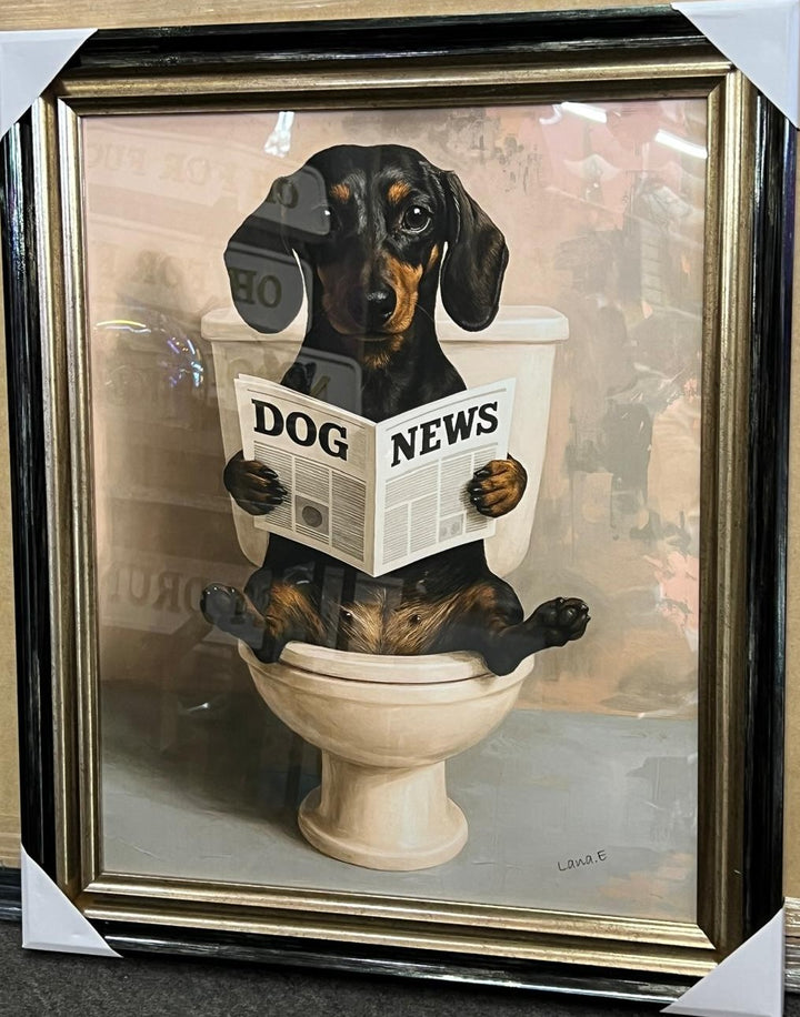 Quirky Dachshund Dog Wall Art on Toilet Reading Newspaper, Black & Gold frame