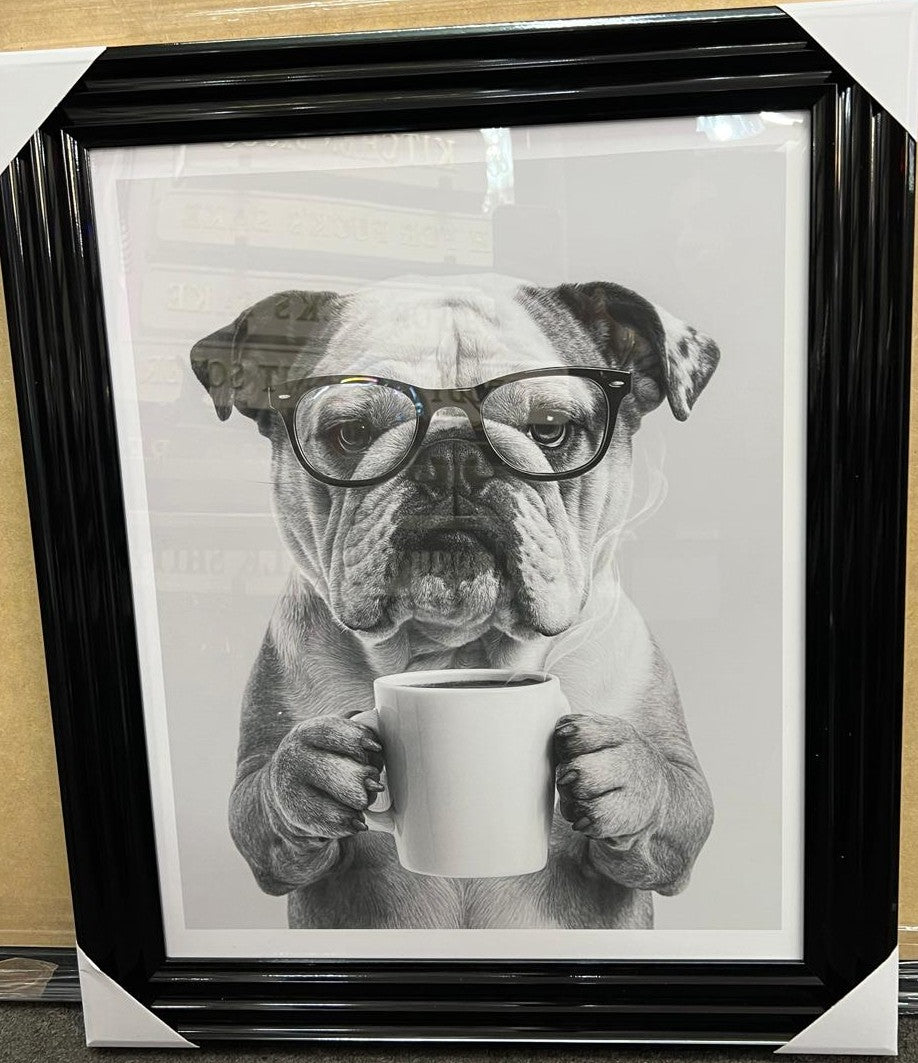 Dogs Drinking Coffee Wall Art Print Quirky Black & White Picture Black Frame
