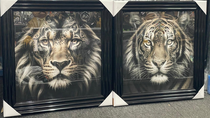 Lion & Tiger bold Tribal Tattoo Wall Art Jungle Animal Black Framed Picture
