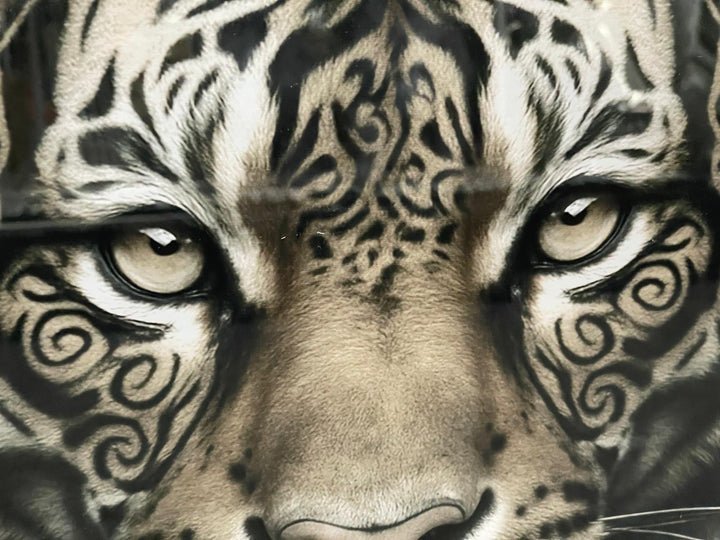 Lion & Tiger bold Tribal Tattoo Wall Art Jungle Animal Black Framed Picture